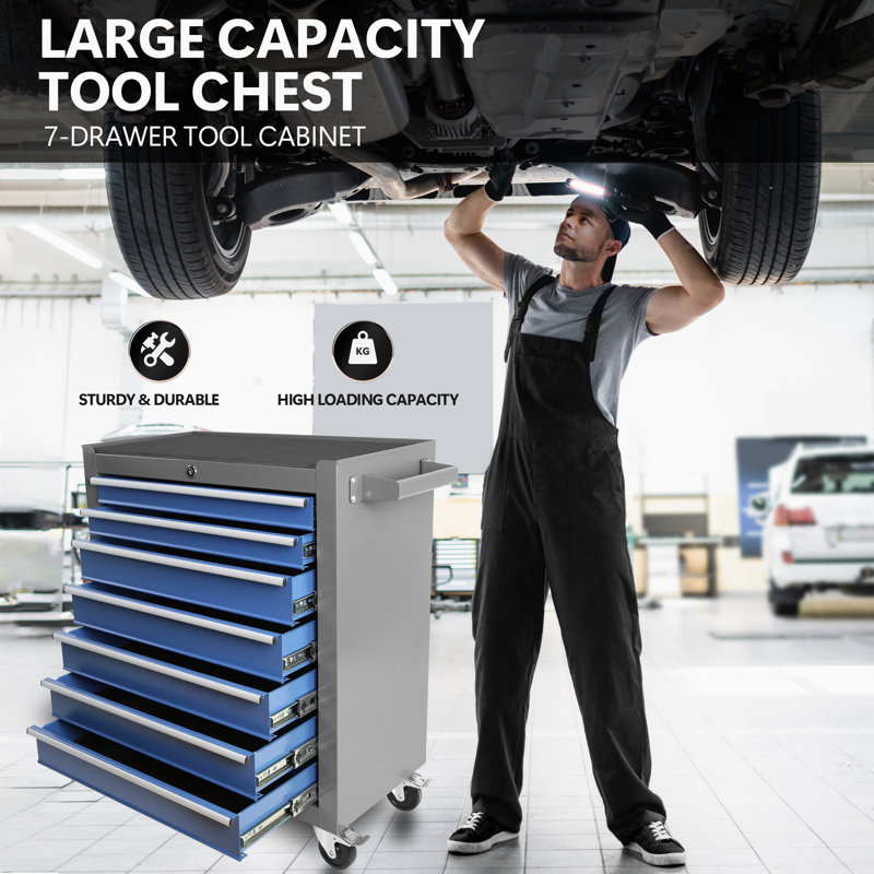 7 Drawers Rolling Tool Chest with Wheels Portable Rolling Tool Box on Wheels Gray Blue